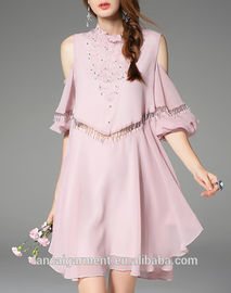 Women Casual Pink Cold Shoulder Half Sleeve Beaded Mini Dress