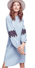 Latest long sleeve spring women blue embroidered t shirt dress