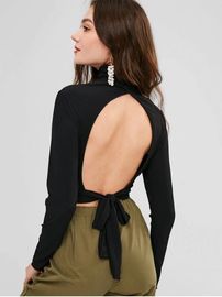 Blank Open Back Long Sleeve Ribbed Turtleneck Crop Top